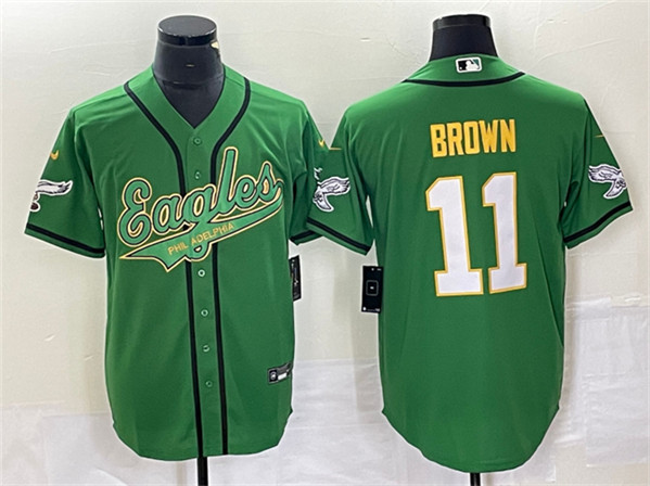 Men's Philadelphia Eagles #11 A. J. Brown Green Gold Cool Base Baseball Stitched Jersey